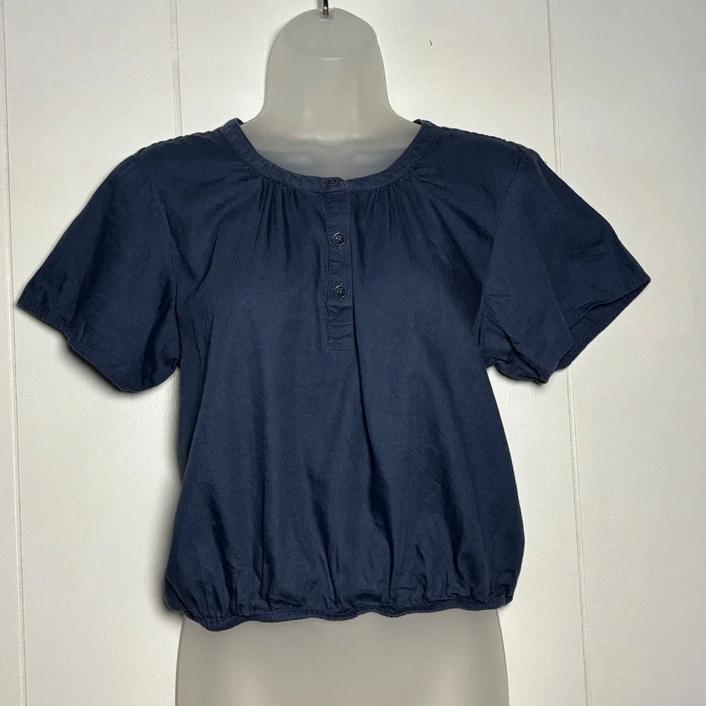 Pact Blue Organic Cotton Henley Blouse Elastic Hem Short Sleeve Top  sustainable
